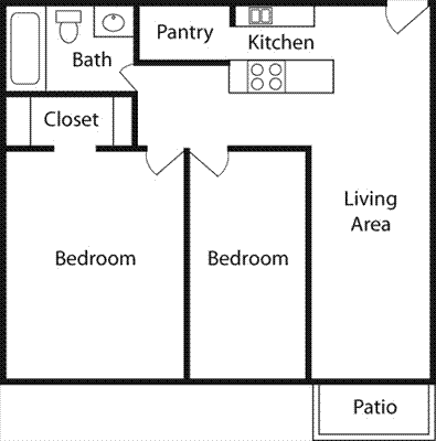 2A Two Bedroom One Bath Floorplan Image