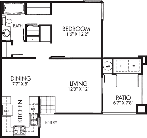 One Bed One Bath Floorplan Image
